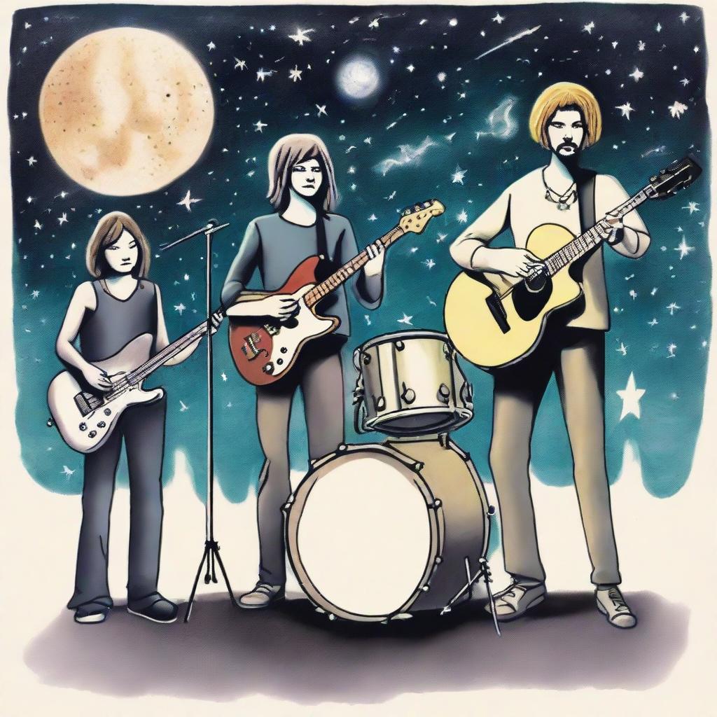 A drawing of a drummer, bassist, guitarist and singer in the universe