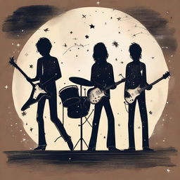 A drawing of a drummer, bassist, guitarist and singer in the universe