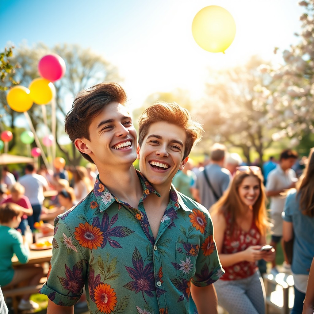 A vibrant and energetic scene of a young man, dressed casually in a colorful shirt, laughing joyfully as he interacts with friends at a lively outdoor gathering