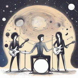 A drawing of a drummer, bassist, guitarist and singer in the universe