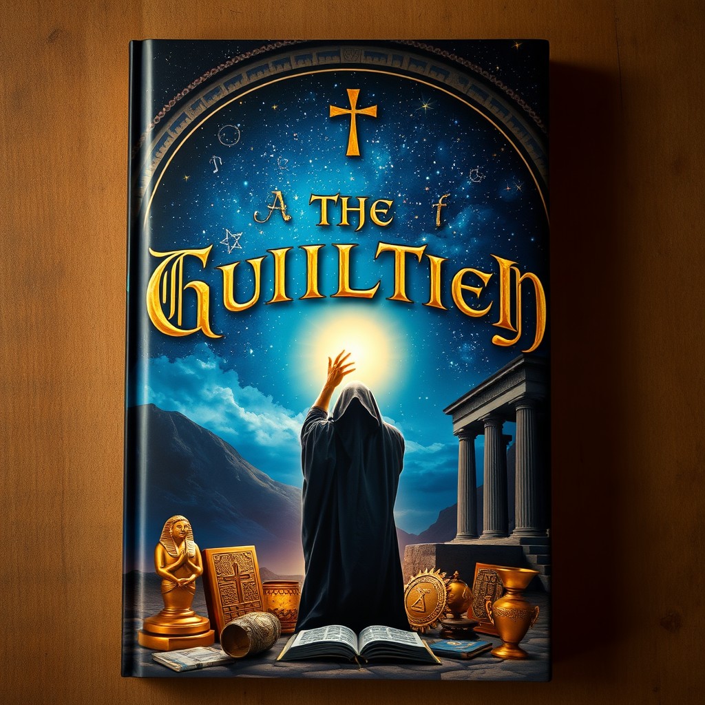 A stunning book cover for a fiction novel that intertwines themes of Christianity, Greek mythology, and Egyptian mythology