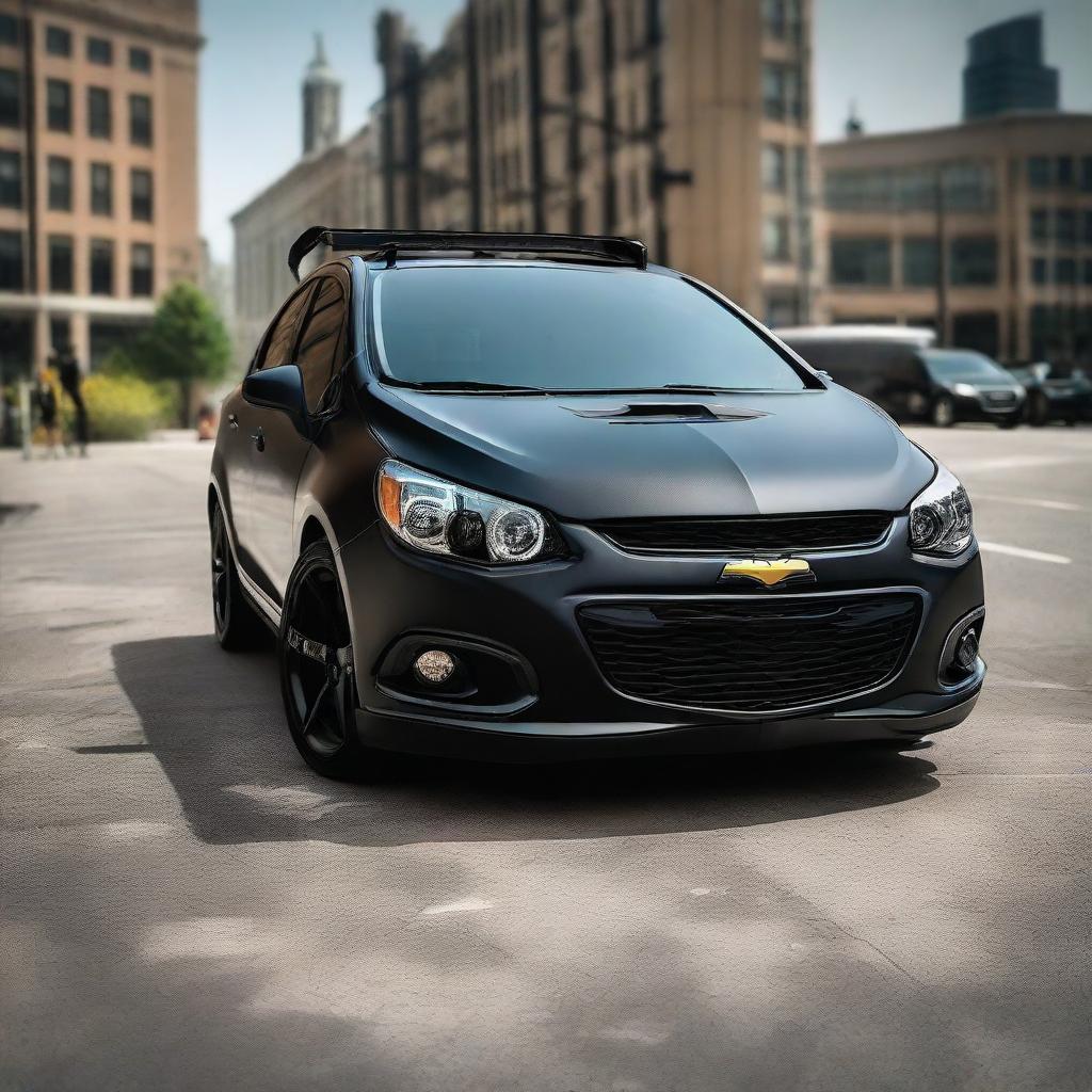 A Chevrolet Corsa styled with Batman-themed accessories and paint job, strong hints of bat symbols and black matte finishing.