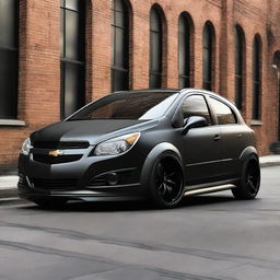 A Chevrolet Corsa styled with Batman-themed accessories and paint job, strong hints of bat symbols and black matte finishing.