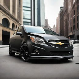 A Chevrolet Corsa styled with Batman-themed accessories and paint job, strong hints of bat symbols and black matte finishing.