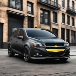 A Chevrolet Corsa styled with Batman-themed accessories and paint job, strong hints of bat symbols and black matte finishing.