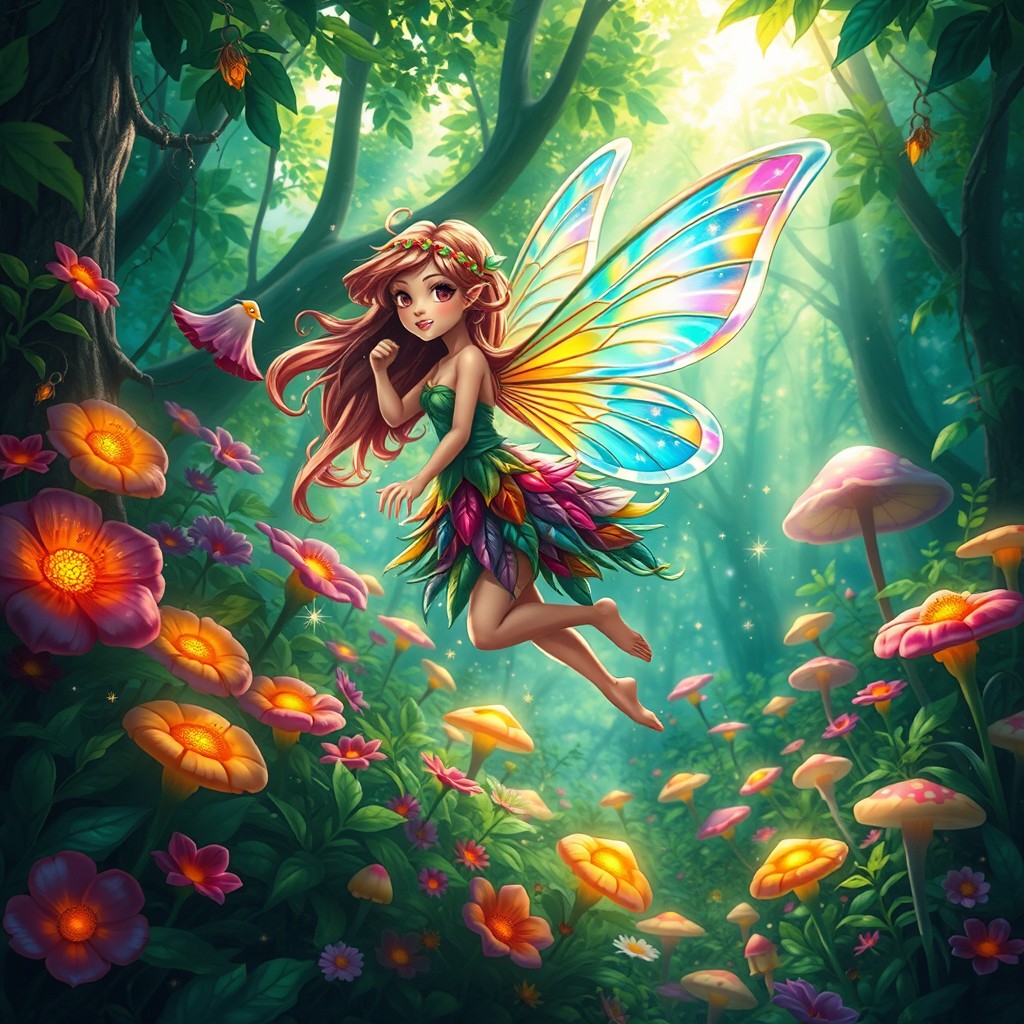 A vibrant, colorful depiction of a classic fantasy sprite, featuring delicate translucent wings shimmering with iridescent hues
