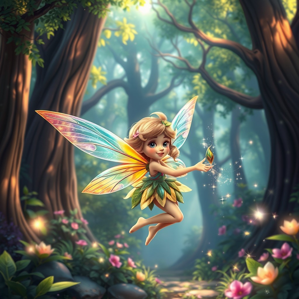 A colorful, whimsical sprite character, fluttering through a lush, enchanted forest