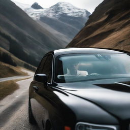 A boy seen through the window of a luxurious black Rolls Royce settled on a mountain road