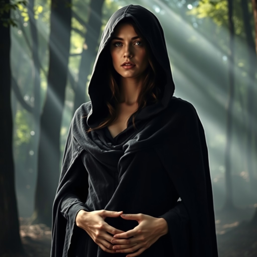 A mysterious woman wearing a dark, flowing hooded cloak, partially obscuring her face