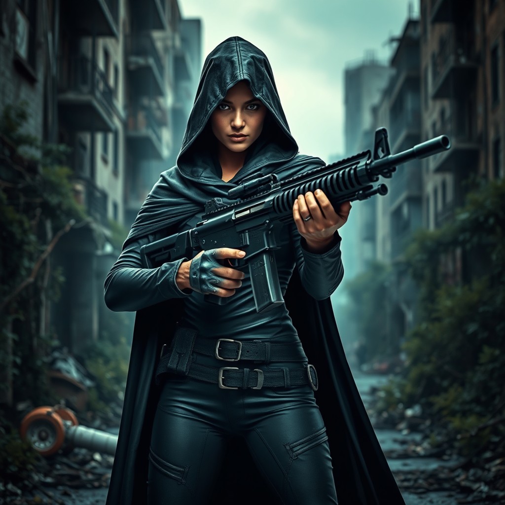 A striking scene featuring a hooded woman wielding a machine gun, dressed in a sleek, tactical outfit that blends seamlessly with her dark, flowing hooded cloak