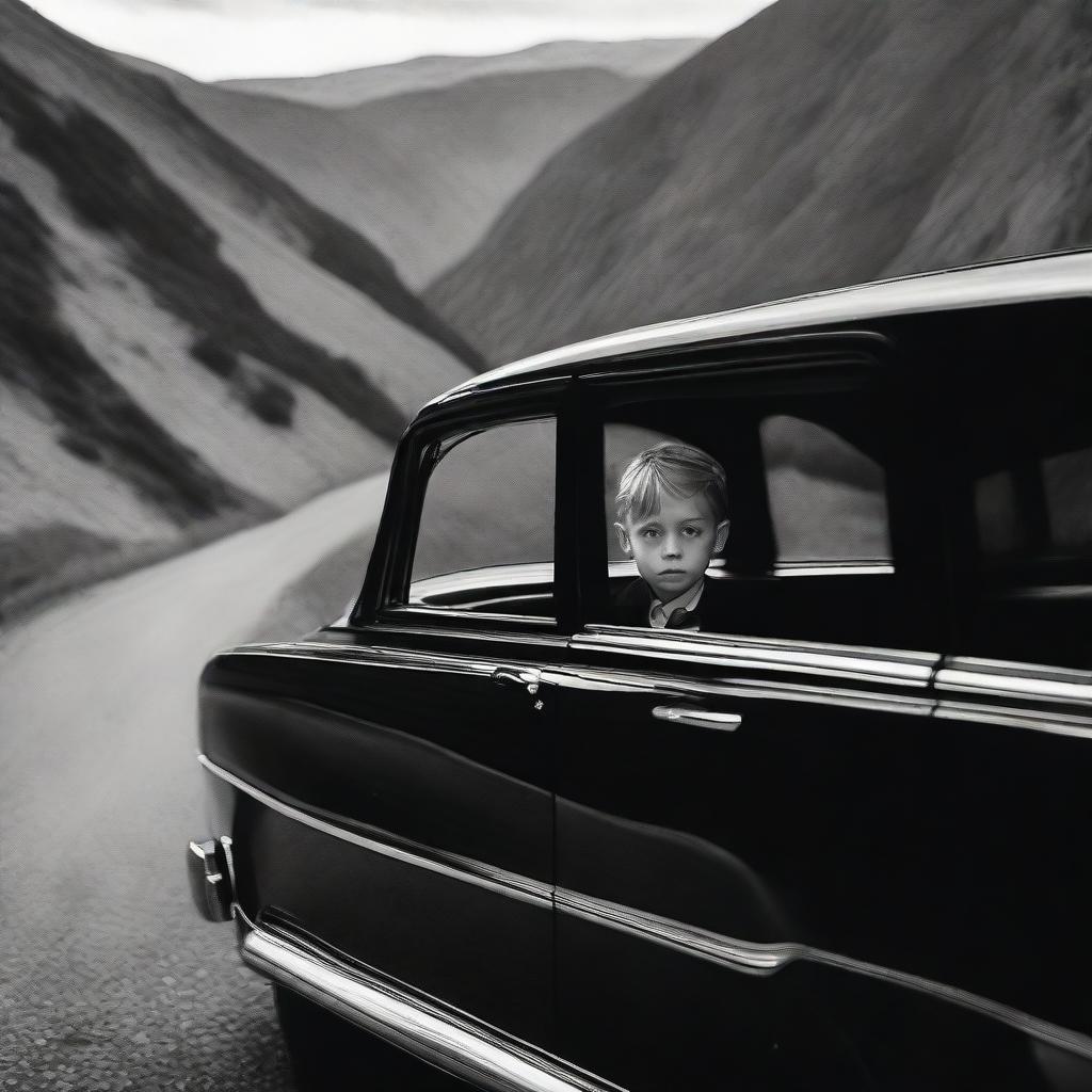 A boy seen through the window of a luxurious black Rolls Royce settled on a mountain road