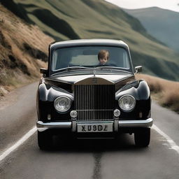 A boy seen through the window of a luxurious black Rolls Royce settled on a mountain road