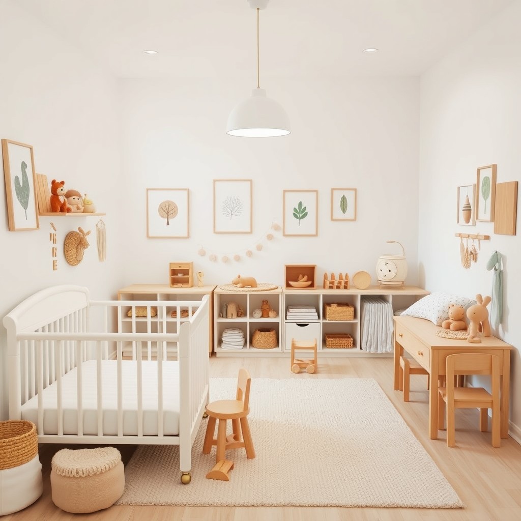 A beautifully organized Montessori-inspired baby room featuring a soft color palette of whites and pastel tones