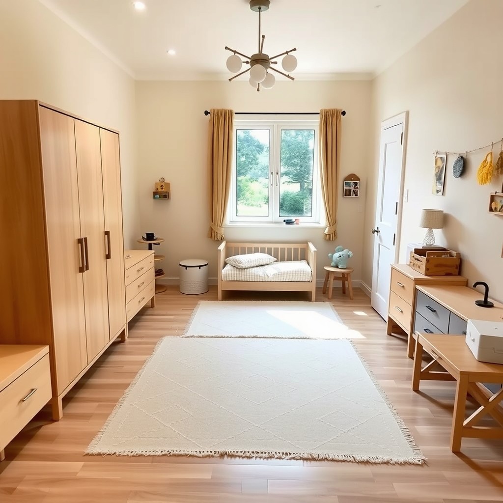 A beautifully designed baby's room in a Montessorian style, measuring 5 meters by 2