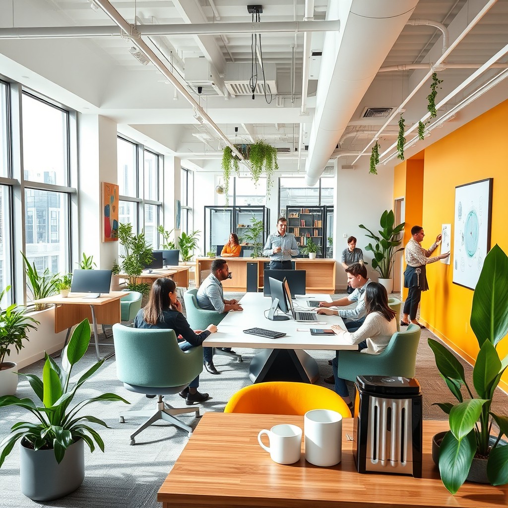 A modern office interior with sleek furniture, large windows allowing ample natural light, and plants scattered throughout for a touch of greenery