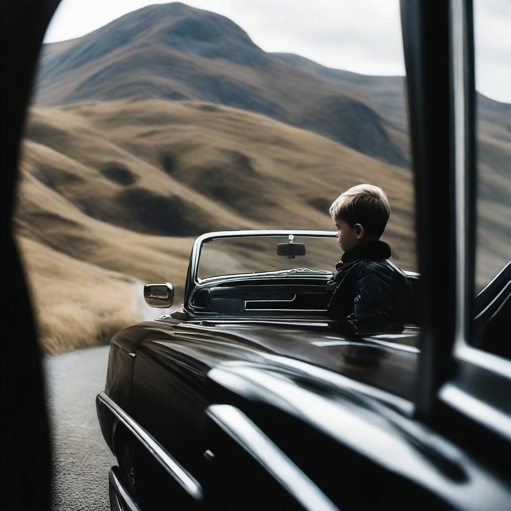 A boy seen through the window of a luxurious black Rolls Royce settled on a mountain road