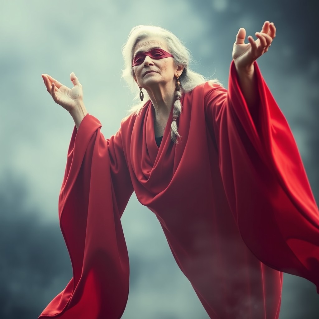 An aged woman with wise, discerning features, gracefully hovering in the air