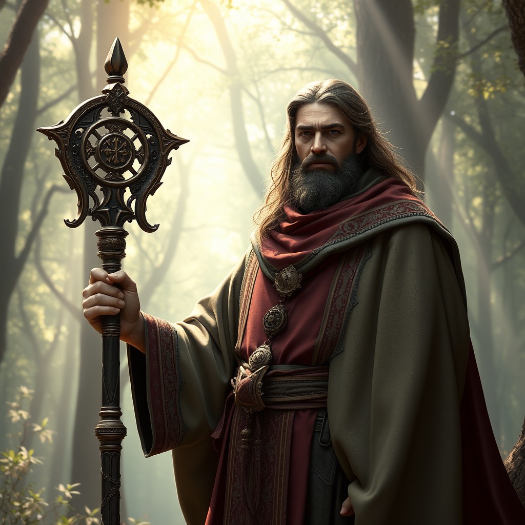 A human cleric standing confidently, wielding a beautifully crafted mace, adorned with intricate religious symbols