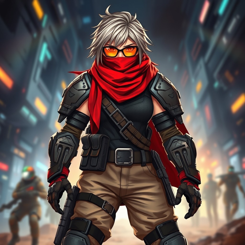 A gender-bent version of the protagonist from the iconic game series Intrusion 2, depicted as a strong female character with a red scarf wrapped around her face, concealing part of her features