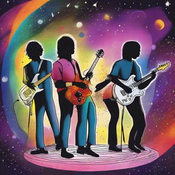 A drawing of a drummer, bassist, a guitarist and a singer in the universe in colors 