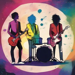 A drawing of a drummer, bassist, a guitarist and a singer in the universe in colors 