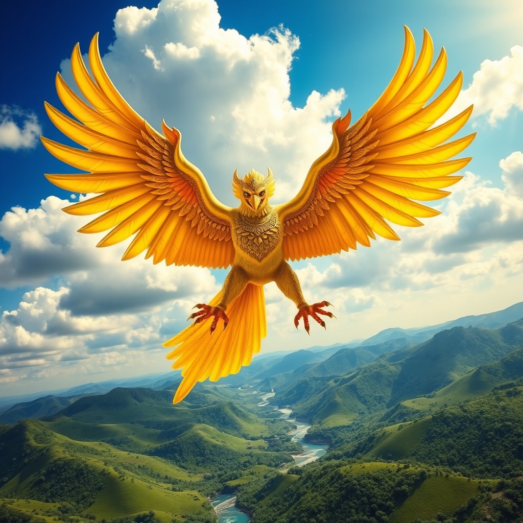 A majestic Garuda, the mythical bird from Hindu and Buddhist mythology, soaring through a vibrant blue sky with white fluffy clouds