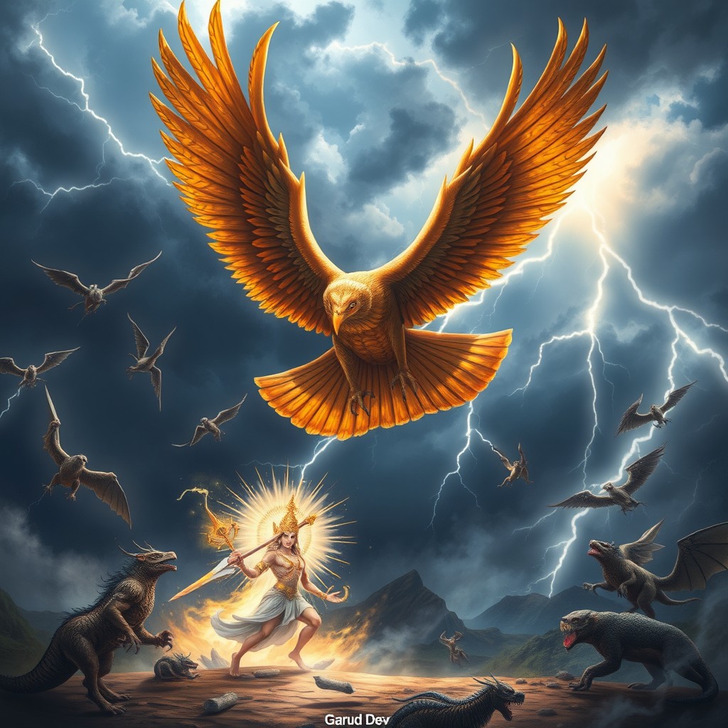 An epic battle scene depicting Garud Dev, the powerful mythical bird from Hindu and Buddhist mythology, confronted against a formidable Deva from the celestial realms