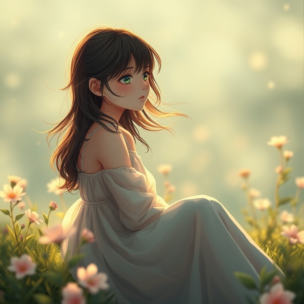A girl sitting alone in a dreamy serene setting, her face reflecting feelings of longing and nostalgia