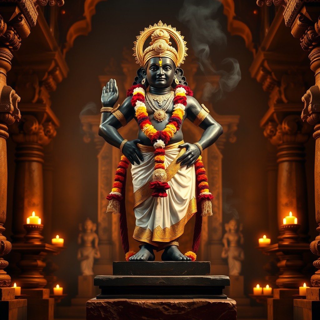 A highly detailed, divine statue of Lord Vitthal (Vithoba) standing gracefully on a stone pedestal inside an ancient Hindu temple