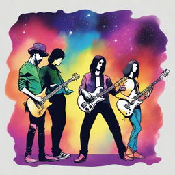 A drawing of a drummer, bassist, a guitarist and a singer in the universe in colors 