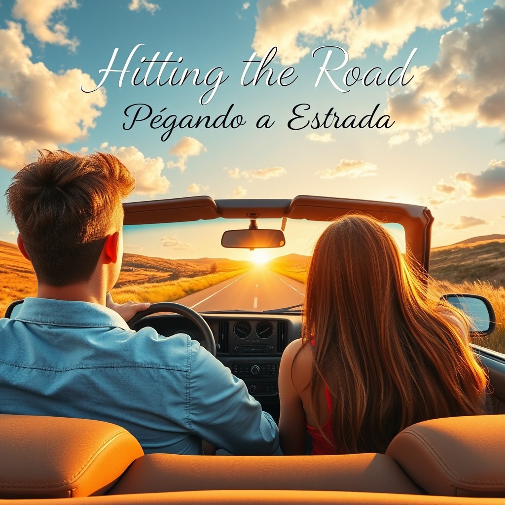 A vibrant road trip scene viewed from inside a convertible