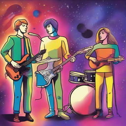 A drawing of a drummer, bassist, a guitarist and a singer in the universe in colors 