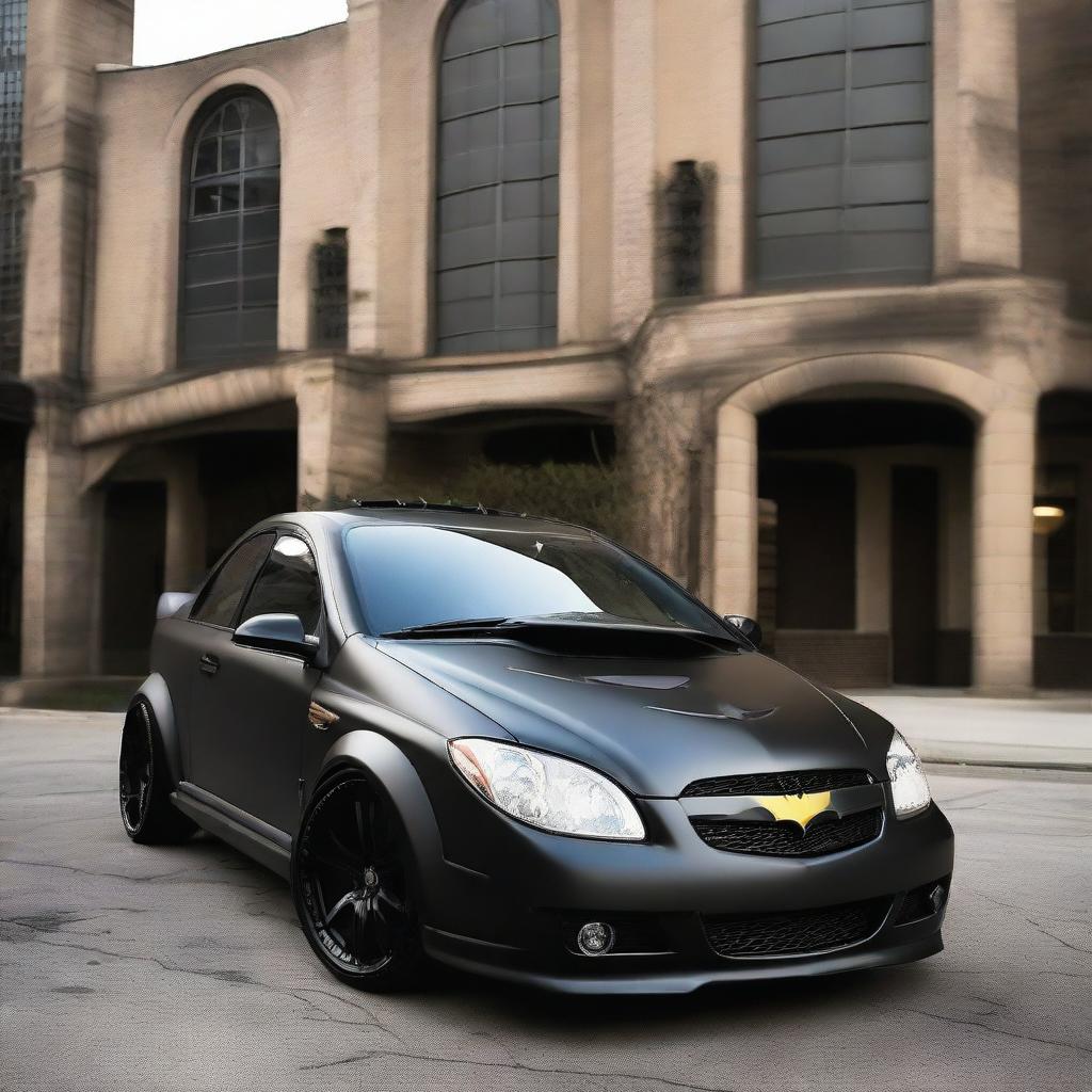 A 2006 Chevrolet Corsa transformed into a Batman-themed vehicle, adorned with bat symbols, distinct elements of Batman's aesthetic, and a matte black finish.