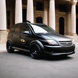 A 2006 Chevrolet Corsa transformed into a Batman-themed vehicle, adorned with bat symbols, distinct elements of Batman's aesthetic, and a matte black finish.