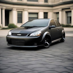 A 2006 Chevrolet Corsa transformed into a Batman-themed vehicle, adorned with bat symbols, distinct elements of Batman's aesthetic, and a matte black finish.