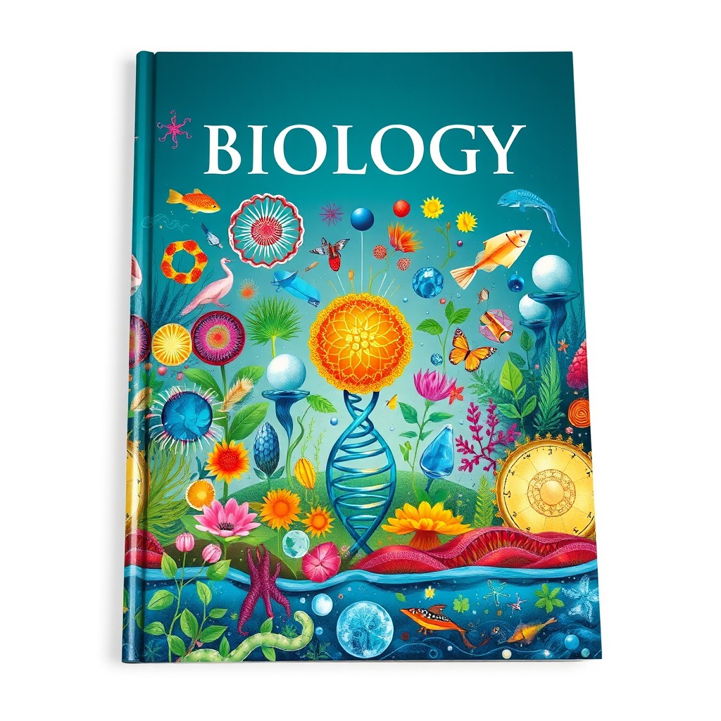 A beautifully designed cover for a biology book, featuring intricate illustrations of various biological concepts such as cell structures, DNA strands, and diverse ecosystems