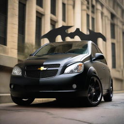 A 2006 Chevrolet Corsa transformed into a Batman-themed vehicle, adorned with bat symbols, distinct elements of Batman's aesthetic, and a matte black finish.