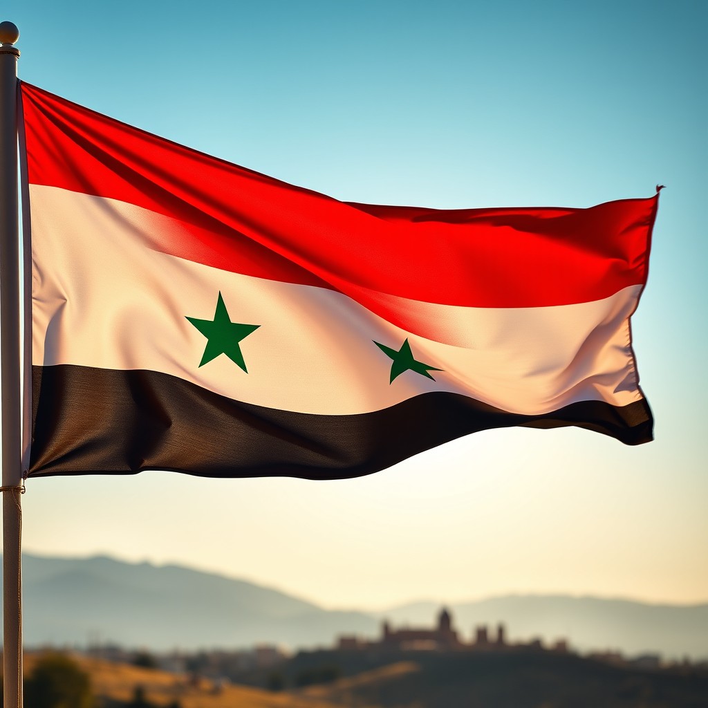 The Syrian flag waving gently in the wind, featuring its distinct horizontal stripes of red, white, and black with two green stars in the center