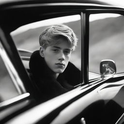 A teenage boy, around 16 years old, viewed through the window of a luxurious black Rolls-Royce poised on a winding mountain road