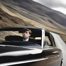 A teenage boy, around 16 years old, viewed through the window of a luxurious black Rolls-Royce poised on a winding mountain road