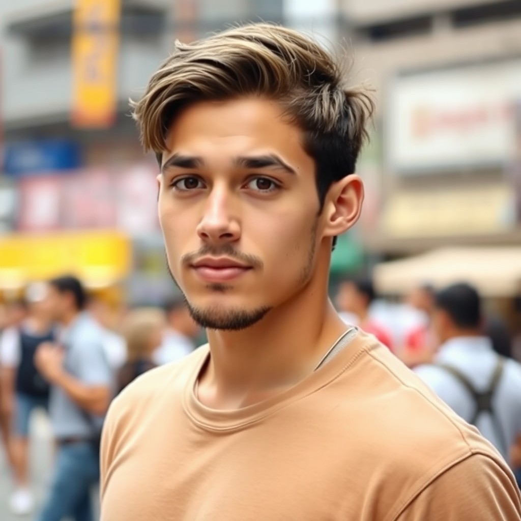 A young man in his 20s with short hair and brown eyes, featuring a round face and a full body structure