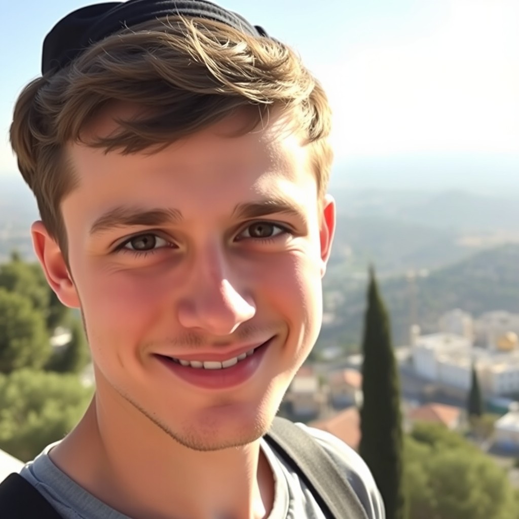 A 20-year-old Israeli man with round facial features, short hair, and brown eyes, wearing a black kippah