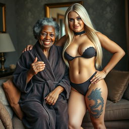 In a cozy room, an African woman aged 90, petite and frail, has short, curly hair and is joyfully smiling while wearing a luxurious suede bathrobe