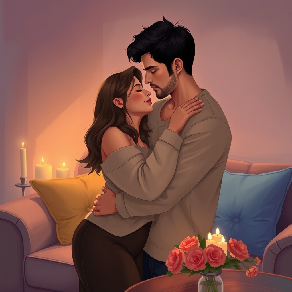 A serene moment of intimacy between a couple in a cozy, softly lit room