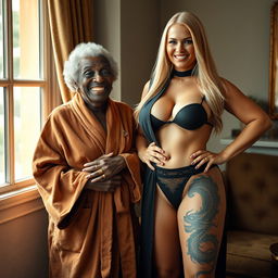 In a room with a window, an African woman aged 90, petite and frail with short, curly hair, is joyfully smiling while wearing a luxurious suede bathrobe