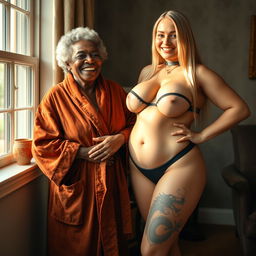 In a room with a window, an African woman aged 90, petite and frail with short, curly hair, is joyfully smiling while wearing a luxurious suede bathrobe