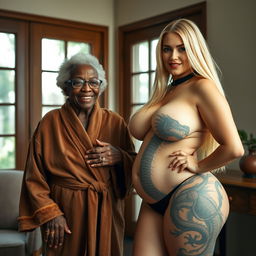 In a room with a window, an African woman, 90 years old, slim and short, with short curly hair, smiling joyfully, dressed in a luxurious suede bathrobe, adorned with multiple gold rings on her fingers, stands beside a beautiful young blonde woman, 27 years old, with an incredibly curvy physique and gigantic breasts, featuring large tattoo of a dragon on her thick thigh
