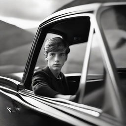 A teenage boy, around 16 years old, viewed through the window of a luxurious black Rolls-Royce poised on a winding mountain road