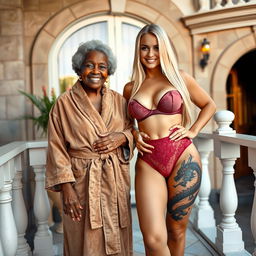 On the balcony of a luxurious mansion, a joyful and cheerful scene unfolds