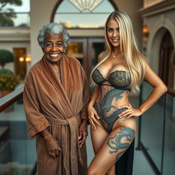 On the balcony of a luxurious mansion, a heartwarming scene unfolds with an elderly African woman who is 90 years old, petite, with short curly hair, exuding happiness while wearing a lavish suede bathrobe decorated with several gold rings on her fingers